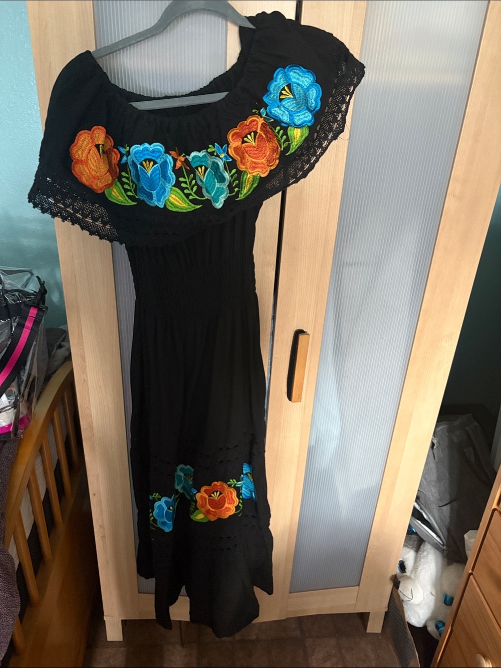Black One-Shoulder Embroidered Floral Maxi Dress